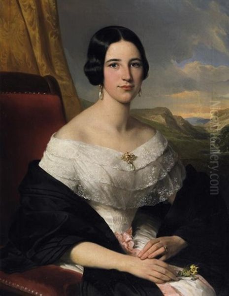 Portrat Der Marie Lentze, Ehefrau Des Koniglich Preusischen Hauptmanns Wilhelm Lentze, Vor Landschaftshintergrund by Louis Krevel