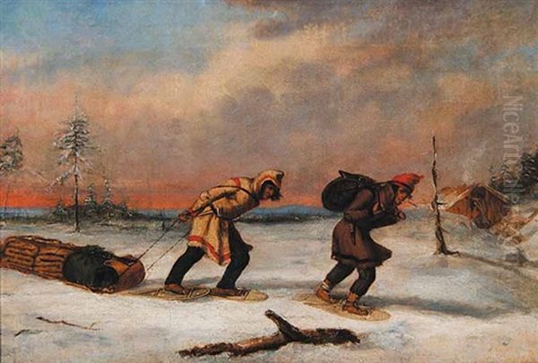 Untitled - Two Trappers On Snowshoes by Cornelius David Krieghoff