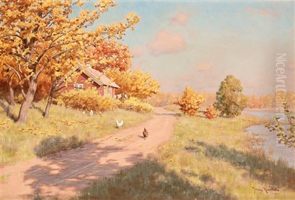 Autumn Landscape With Hens by Johan Fredrik Krouthen