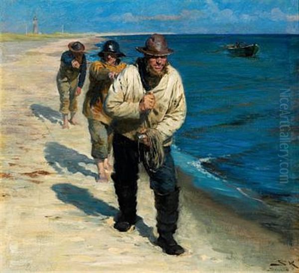 Tre Pa Skagens Sonderstrand Bagefter Hverandre Gaaende Fiskere Traekke Langs Bredden En Baad Lidt Ude I Vandet Imod Strommen by Peder Severin Kroyer