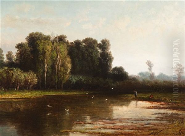 Anglers On The Riverbank by Hendrik Dirk Kruseman van Elten