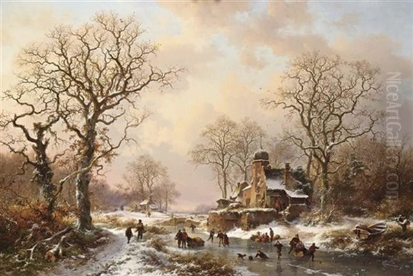 A Winter Landscape With Skating Figures Near A Castle by Frederik Marinus Kruseman