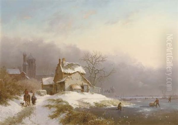 Villagers By A Frozen River by Frederik Marinus Kruseman