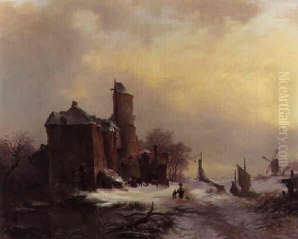 Countryfolk In A Frozen Winter Landscape by Frederik Marinus Kruseman