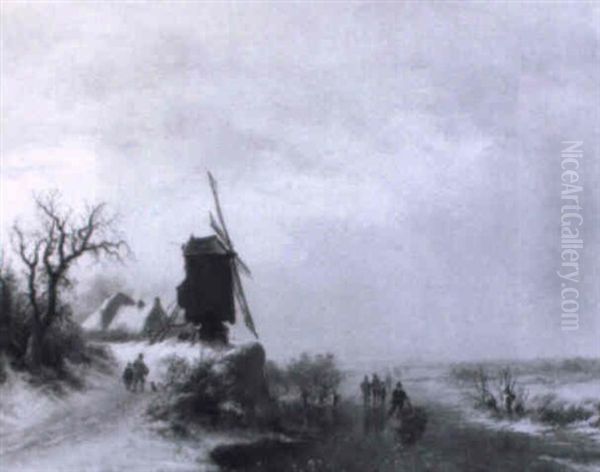 Hollandische Winterlandschaft Mit Schlittschuhlaufern by Frederik Marinus Kruseman