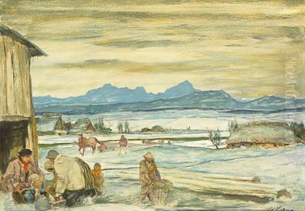 Winterlandschaft Mit Verschneiten Feldern Und Gebirgshorizont by Sandor Kubinyi