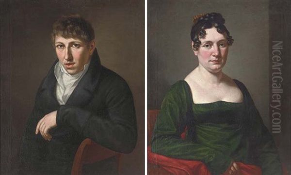 Portrait Of A Gentleman, Half-length, In A Dark Blue Coat (+ Portrait Of A Lady, Half-length In A Green Dress; Pair) by Franz Gerhard von Kuegelgen