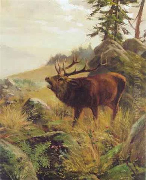 Urwuchsige Berglandschaft Mit Machtigem Hirsch by Wilhelm Friedrich Kuhnert