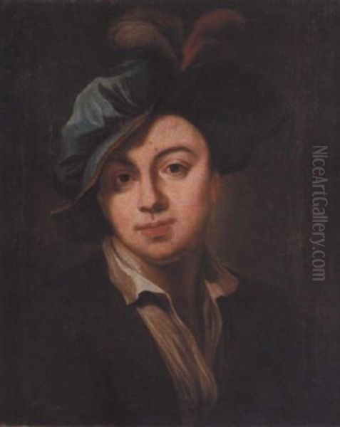 Portrait Of A Young Man In A Brown Coat And A Blue Plumed Hat by Johann (Jan) Kupetzki