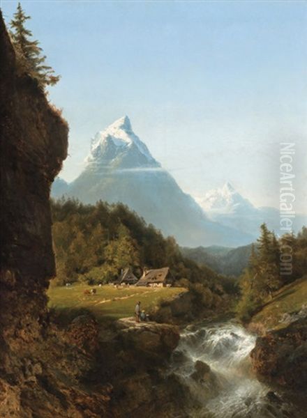 Shepherds Near An Alpine River by Carl Joseph Kuwasseg