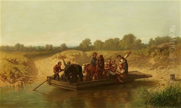 River Crossing On A Raft by Charles Euphrasie Kuwasseg