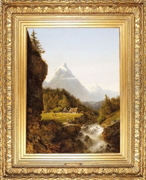 An Artist Sketching The Matterhorn, Beside The Headwaters Of The River Marmore by Charles Euphrasie Kuwasseg