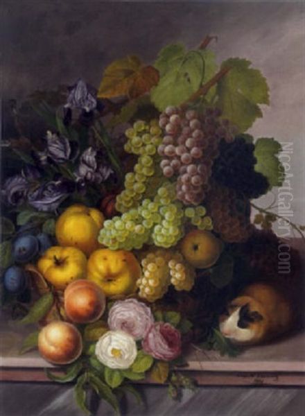 Stilleben Mit Weintrauben, Apfeln, Zwetschgen, Iris, Rosen Und Merrschweinchen by Leopold Kuwasseg