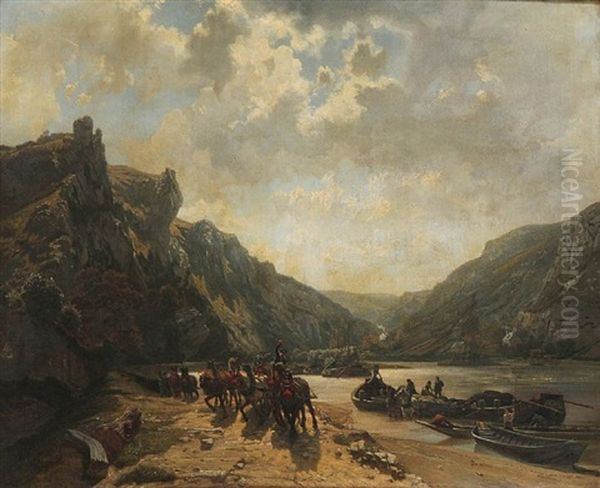 Rocky River Landscape With Work Horses And Boats by Martinus Antonius Kuytenbrouwer the Younger