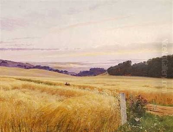 Sommerlandskab Med Spadserende Par Mellem Kornmarkerne, Hen Under Aften by Vilhelm Peter Karl Kyhn