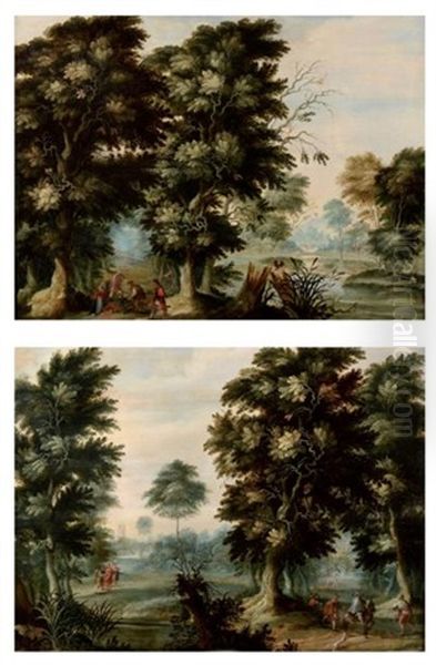 Guet-apens Sur Un Chemin Boise Et Le Christ Et Les Pelerins D'emmaus A L'oree D'un Bois (pair) by Jasper van der Laanen