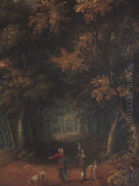 A Wooded Landscape With Peasants On A Path by Jasper van der Laanen