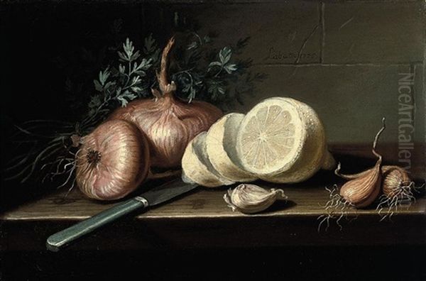 A Partly-pealed Lemon, A Clove Of Garlic, Onions, And A Knife On A Table by Pierre Labatie