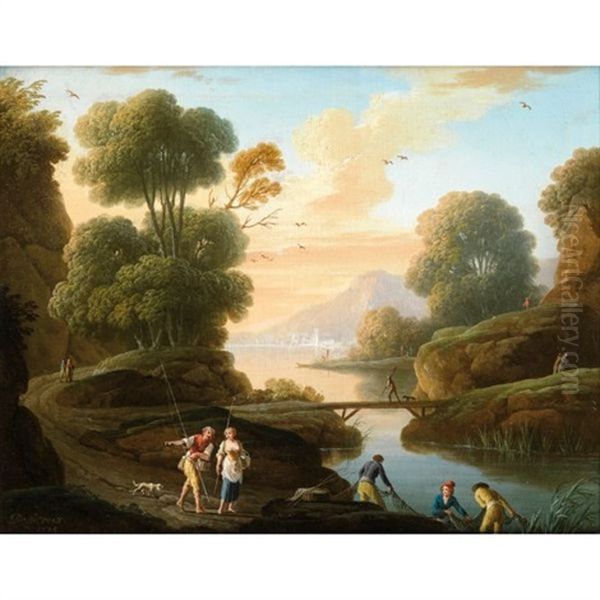 Paysage De Riviere Anime De Pecheurs by Charles Francois Lacroix