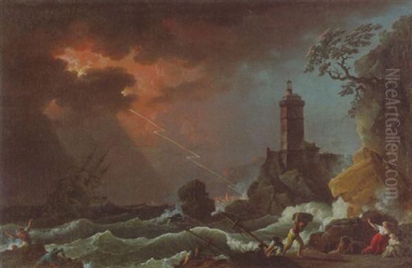 Schiffbruchige Bei Gewitter Vor Einem Hafen by Charles Francois Lacroix