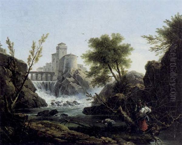 Romantisk Landskab Med Brusende Vandfald Ved En Hojtliggende Borg, I Forgrunden Ungt Par by Charles Francois Lacroix