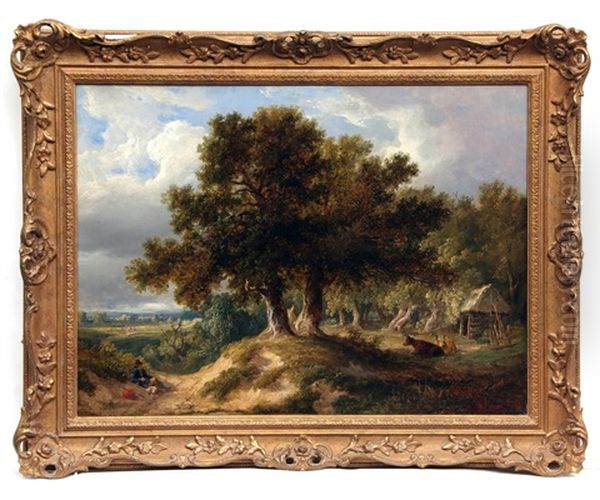 A Norfolk Wooded Landscape With Traveller Resting In A Lane, Cattle By A Byre by Henry Ladbrooke