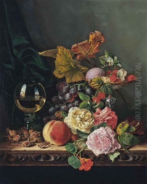 Cobnuts, A Roemer, A Peach, Roses, Nasturtiums, Raspberries, A Speckled Egg, Black Grapes, White Currants, And A Tazza, On A Carved Wooden Ledge by Edward Ladell