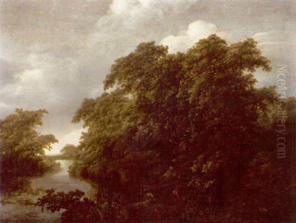 A Wooded River Landscape With Anglers Mooring Their Boats To The Bank by Jan De Lagoor