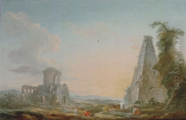 A Southern Landscape With A Drover And A Maid Resting With Their Cattle Beside A Pyramid, A Ruined Classical Temple Beyond by Jean Baptiste Lallemand