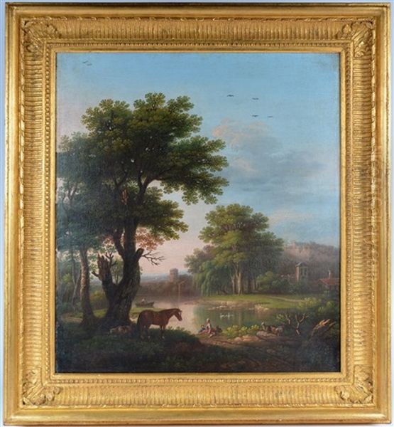 Wooded Landscape With A Pool And Boatmen, And Flock With Cattle In The Foreground by George Lambert