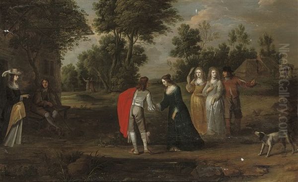 A Wooded Landscape With Elegant Company Courting by Christoffel Jacobsz. Van Der Lamen