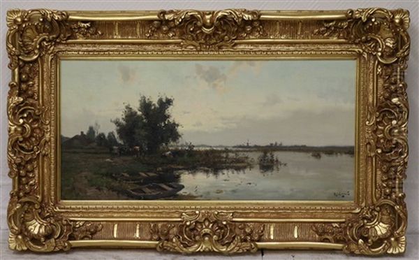 Hollands Rivierlandschap Met Koeien Aan De Oever by Arie Johannes Lamme