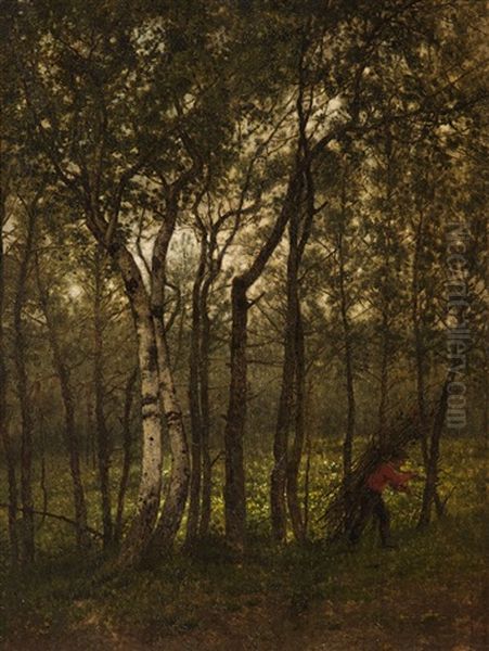 Forest Path Near Putte With Firewood Collector by Jean Pierre Francois Lamoriniere