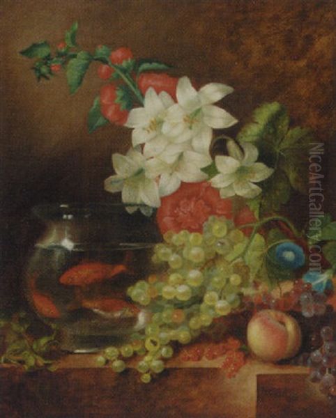 Grapes, Lilies, Hollycocks, Convolvulus, Cobnuts, Redcurrants, A Peach And Goldfish In A Bowl On A Marble Ledge by George Lance