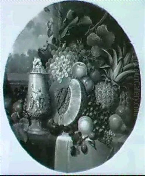 Still Life With Mixed Fruit And A Stein On A Draped Ledge by George Lance