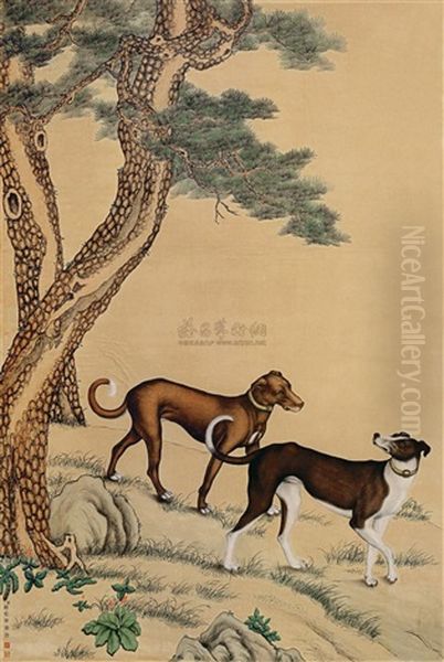 Pine Tree And Two Dogs by  Lang Shining (Giuseppe Castiglione)