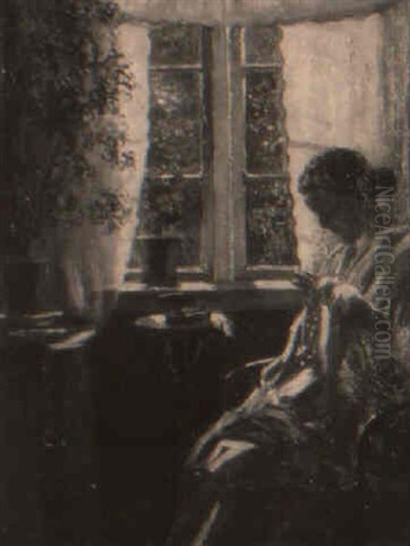 Interior Scene With Woman Sewing At Window by Frederik Lange