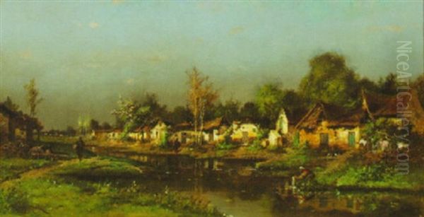 A Bustling Country Village On A Stream, Storm In The Distance by Henri Langerock