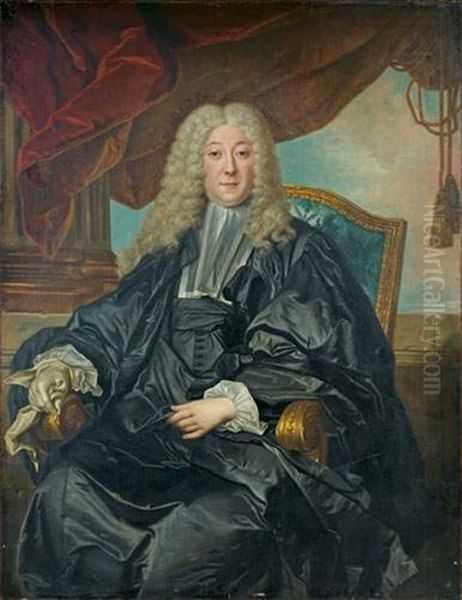 Portrait D'un Magistrat Assis Dans Son Fauteuil Sous Un Grand Drape Rouge, Un Gant Dans Sa Main Gauche by Nicolas de Largilliere