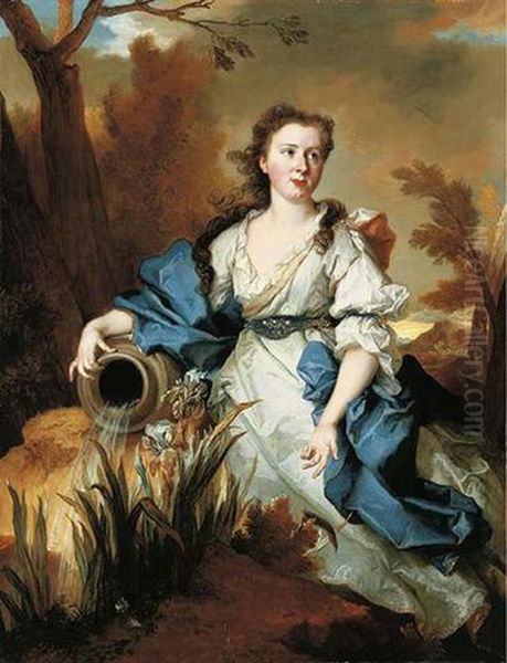 Portrait Of Marianne De Mahony In A Blue And White Dress, As A Water Nymph by Nicolas de Largilliere