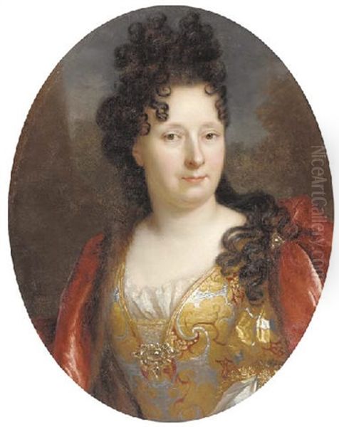 Portrait Of A Lady In A Gold Brocade Dress With A Crimson Wrap by Nicolas de Largilliere