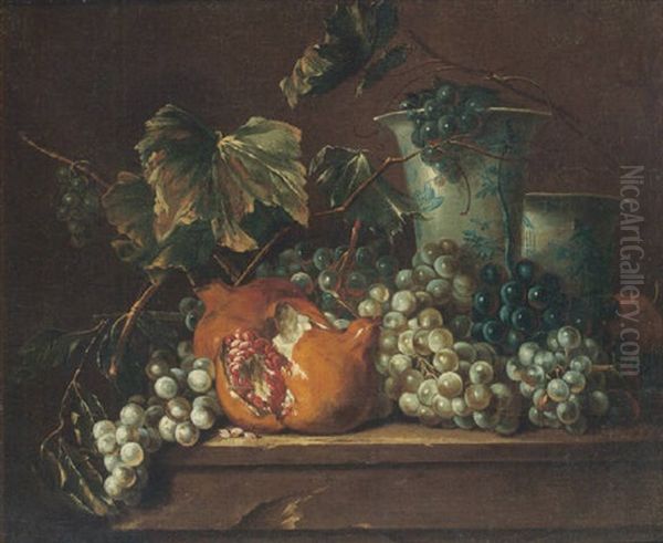 Still Life Of Grapes, A Pomegranate And Blue-and-white Porcelain Vases, Set Upon A Stone Ledge by Nicolas de Largilliere