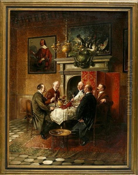 Vergnugte Herrenrunde Im Ratskeller Beim Festmahl Mit Hummer Und Champagner by Hans August Lassen