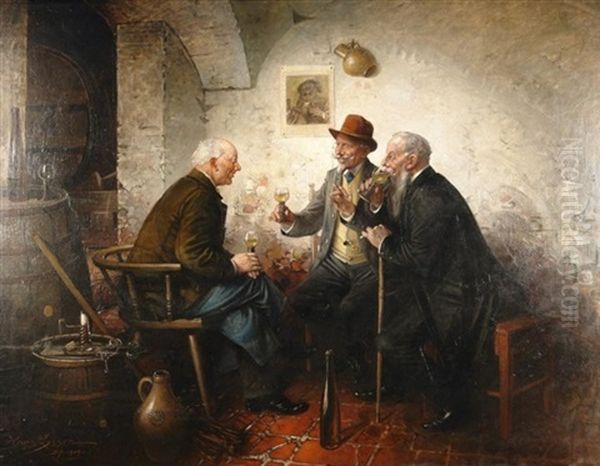 Die Weinprobe. Drei Herren In Vergnugter Runde Im Weinkeller by Hans August Lassen