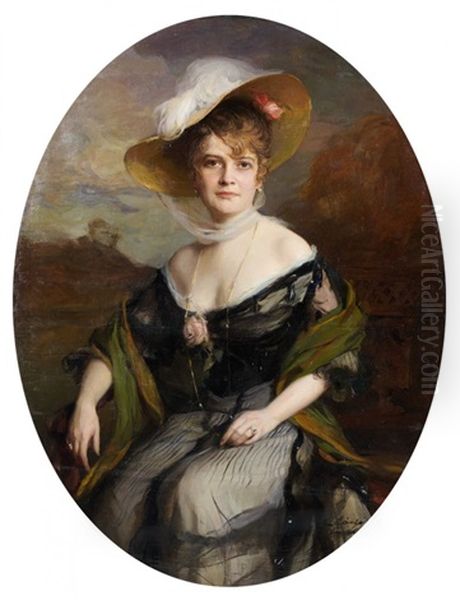 Portrait De Femme Au Corsage Pique D'une Rose Et Au Chapeau A Plumes by Philip Alexius De Laszlo