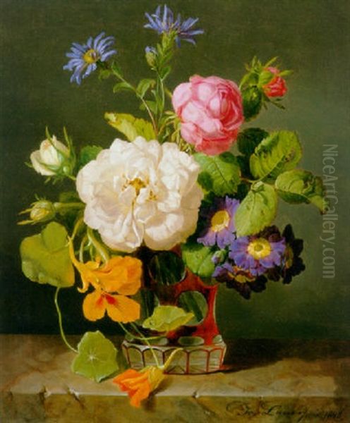 Damask Roses, Bourbon Roses, Michaelmas Daisies, Nasturtiums And Polyanthus Primulas In A Vase by Josef Lauer