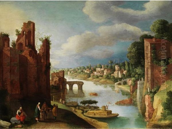 Italienische Flusslandschaft Mit Antiken Gebauderuinen Und Reicher Figurenstaffage by Filippo Lauri