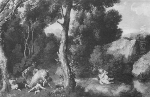 Putti, Satyrs And A Goat In A Wooded Landscape by Filippo Lauri