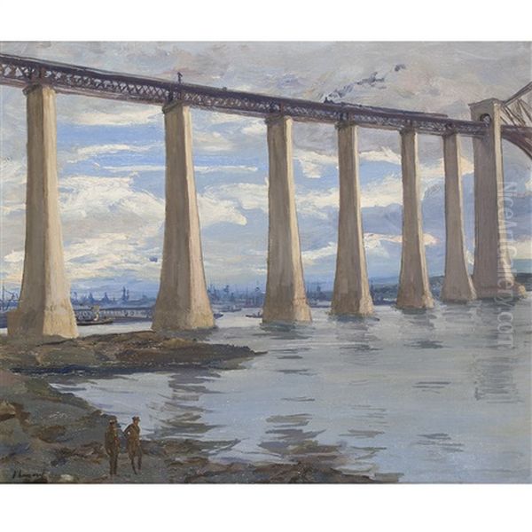 Kite Balloon And Grand Fleet In The Distance, The Piers, Forth Bridge by John Lavery