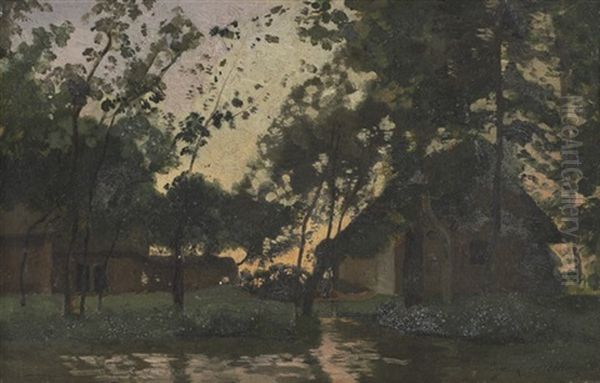 Maison Et Arbres Au Bord D'un Etang by Eugene Antoine Samuel Lavieille